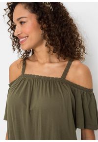 bonprix - T-shirt z odkrytymi ramionami z miękkiej wiskozy. Kolor: zielony. Materiał: wiskoza, koronka. Wzór: koronka #3