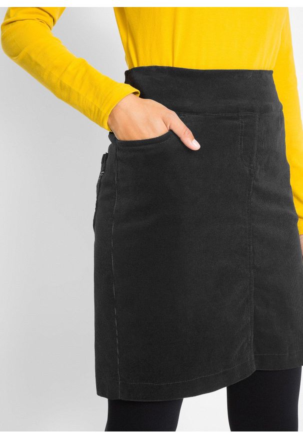 bonprix - Spódnica sztruksowa z bawełny ze stretchem, z wygodnym paskiem. Kolor: czarny. Materiał: bawełna, sztruks