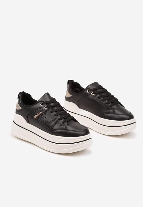 Born2be - Czarne Sneakersy na Grubej Podeszwie Zdobione Brokatem Kariven. Kolor: czarny. Materiał: jeans. Wzór: aplikacja. Obcas: na platformie