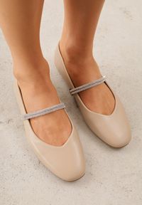 Renee - Beżowe Balerinki w Stylu Mary Jane z Paskiem z Cyrkoniami Cireris. Okazja: na imprezę. Zapięcie: pasek. Kolor: beżowy. Materiał: jeans. Styl: elegancki, klasyczny #7