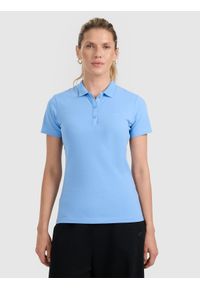 4f - 4F Koszulka polo slim damska - granatowa L. Okazja: na co dzień. Typ kołnierza: polo. Kolor: niebieski. Materiał: dzianina, elastan, bawełna, materiał. Wzór: jednolity, ze splotem. Styl: casual, klasyczny, sportowy #1