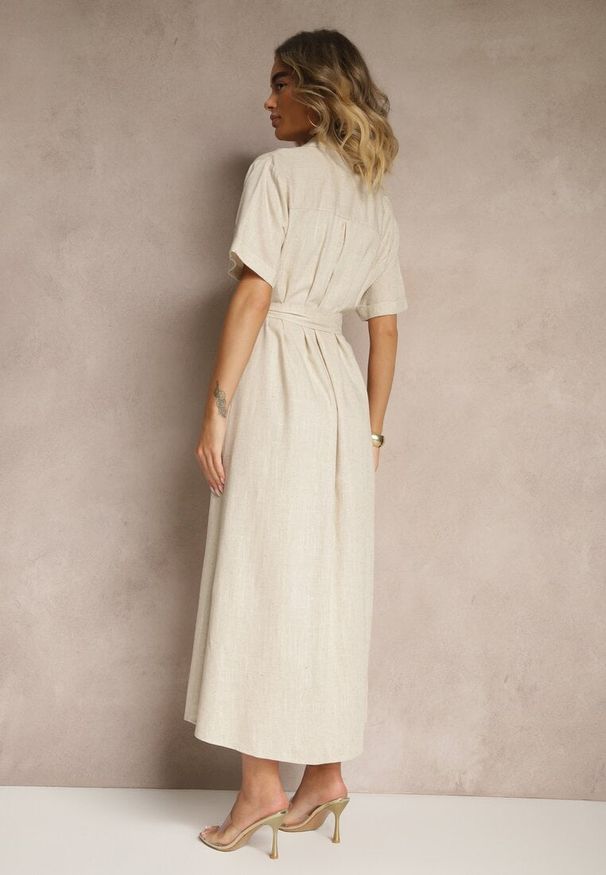 Renee - Beżowa Sukienka z Lnu i Wiskozy o Koszulowym Fasonie Weolara. Typ kołnierza: dekolt w serek. Kolor: beżowy. Materiał: len, wiskoza. Długość rękawa: krótki rękaw. Sezon: lato. Typ sukienki: koszulowe. Styl: klasyczny, elegancki