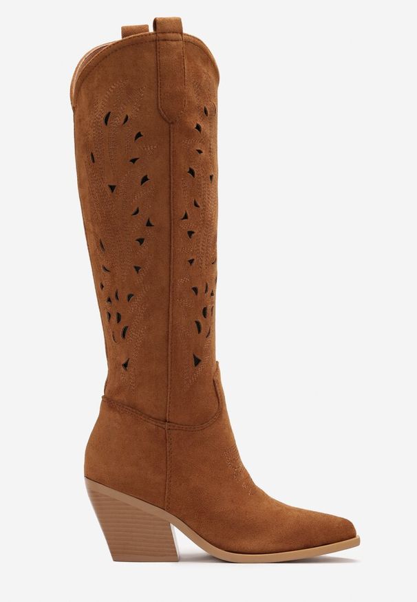 Renee - Brązowe Kozaki Kowbojki na Ściętym Słupku z Ażurową Cholewką Fenira. Kolor: brązowy. Szerokość cholewki: normalna. Wzór: ażurowy. Sezon: wiosna. Obcas: na słupku