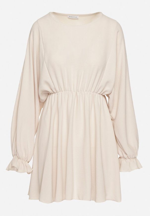 Born2be - Jasnobeżowa Sukienka o Rozkloszowanym Kroju z Ozdobnymi Mankietami Terellea. Okazja: na co dzień. Kolor: beżowy. Materiał: jeans. Długość rękawa: długi rękaw. Styl: klasyczny, casual, elegancki