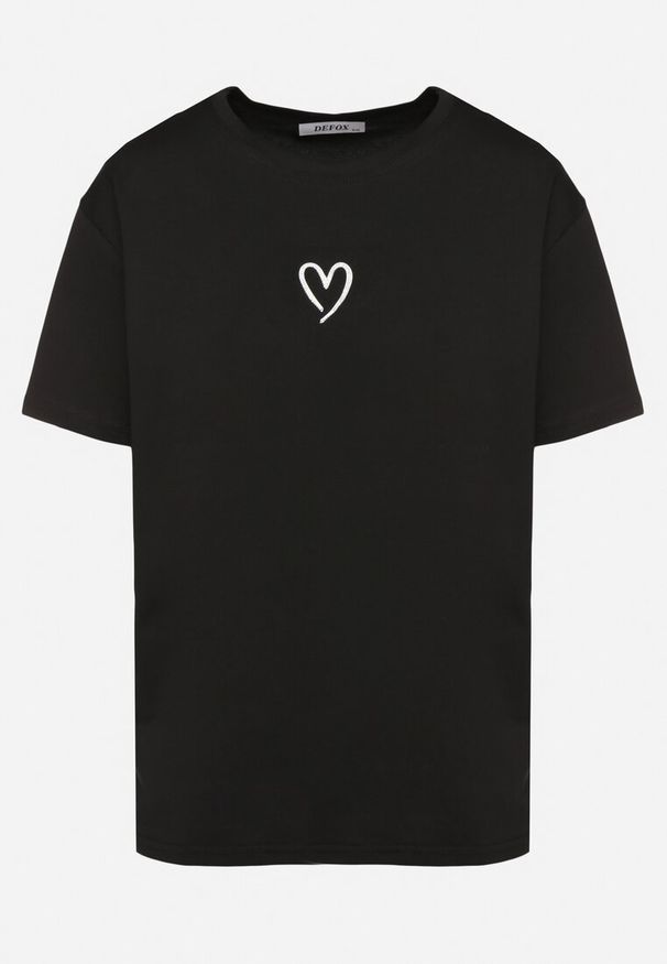 Born2be - Czarna Bluzka z Bawełny Ozdobiona Sercem Lenala. Okazja: na co dzień. Kolor: czarny. Materiał: bawełna. Długość rękawa: krótki rękaw. Długość: krótkie. Wzór: aplikacja. Styl: casual, klasyczny