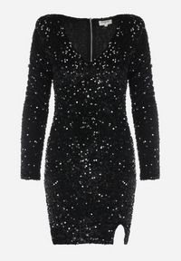 Born2be - Czarna Sukienka z Cekinami i Wycięciem Glykera. Okazja: na ślub cywilny, na wesele. Kolor: czarny. Długość rękawa: długi rękaw. Typ sukienki: asymetryczne. Długość: mini #2