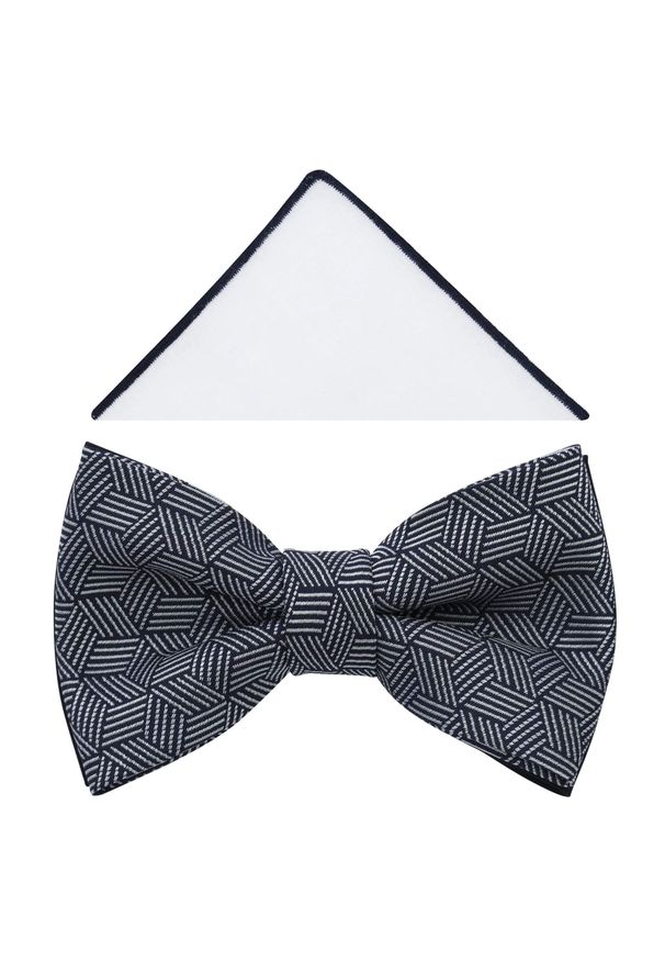 Modini - Granatowa mucha w biały geometryczny wzór A388. Kolor: biały, wielokolorowy, niebieski. Materiał: poliester, tkanina. Wzór: geometria. Styl: elegancki