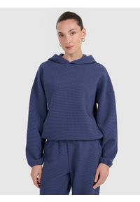 4f - 4F Bluza dresowa z waflowej dzianiny damska - granatowa L. Okazja: na co dzień. Kolor: niebieski. Materiał: dresówka, dzianina. Styl: casual, sportowy #1