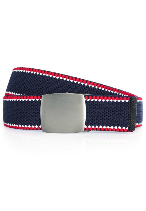 Modini - Granatowy z czerwonymi białymi paskami elastyczny pasek do spodni z automatyczną klamrą PT3. Kolor: biały, wielokolorowy, czerwony, niebieski. Materiał: guma