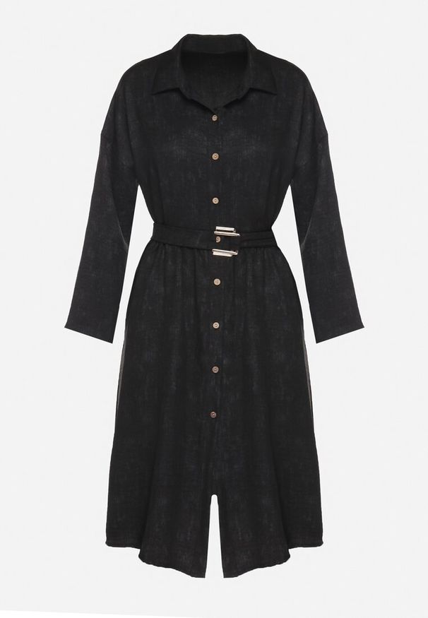 Born2be - Czarna Sukienka o Koszulowym Kroju z Paskiem z Klamrą Evelmio. Okazja: na co dzień. Typ kołnierza: kołnierzyk klasyczny. Kolor: czarny. Materiał: jeans. Długość rękawa: długi rękaw. Typ sukienki: koszulowe. Styl: klasyczny, casual, elegancki