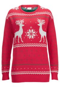 Sweter z zimowym motywem bonprix czerwony z zimowym motywem. Kolor: czerwony. Materiał: materiał, bawełna, dzianina, akryl. Sezon: zima #1