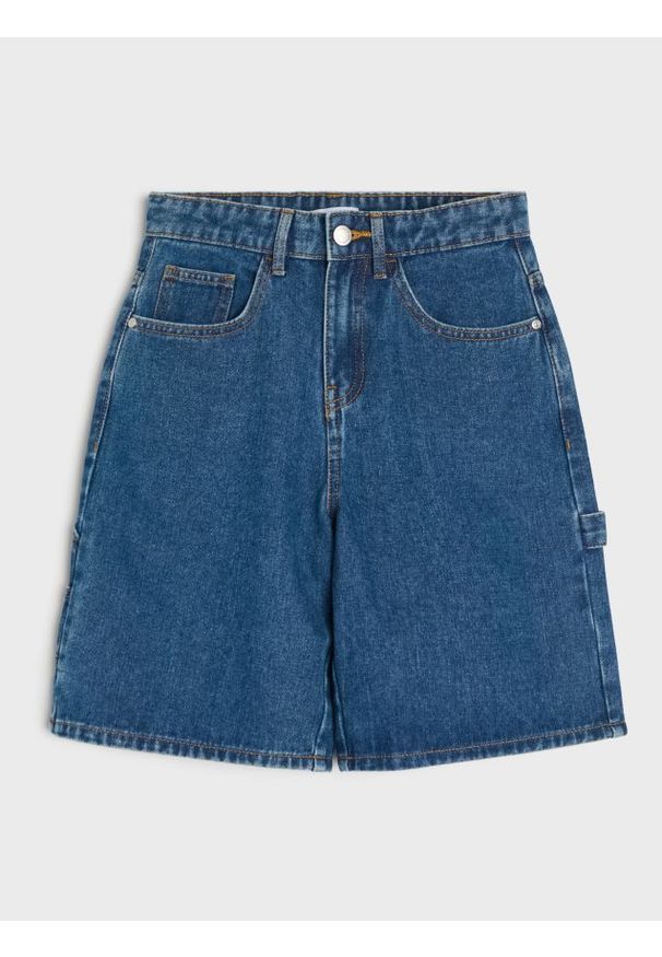 Sinsay - Szorty jeansowe z efektem sprania - granatowy. Kolor: niebieski. Materiał: jeans