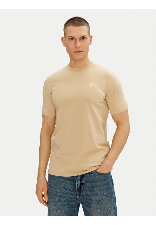Karl Lagerfeld - KARL LAGERFELD T-Shirt 755750 552221 Beżowy Regular Fit. Typ kołnierza: dekolt w karo. Kolor: beżowy. Materiał: bawełna