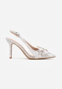 Renee - Białe Szpilki VICES Slingback z Kokardą Cyrkoniami i Transparetną Wstawką Kalilise. Zapięcie: sprzączka. Kolor: biały. Materiał: satyna. Wzór: aplikacja. Obcas: na szpilce. Styl: elegancki #5