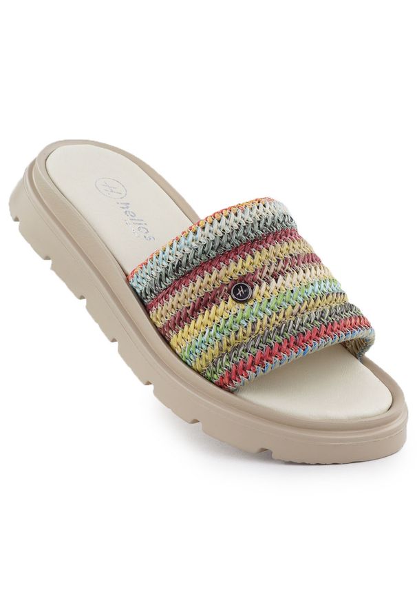 Skórzane klapki damskie na platformie plecionka multikolor Helios 156.75. Kolor: wielokolorowy. Materiał: skóra. Obcas: na platformie