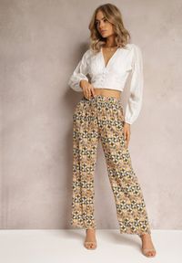 Renee - Zielono-Beżowe Wiskozowe Spodnie High Waist Szerokie z Gumką w Pasie i Kieszeniami Aizha. Stan: podwyższony. Kolor: zielony. Materiał: wiskoza