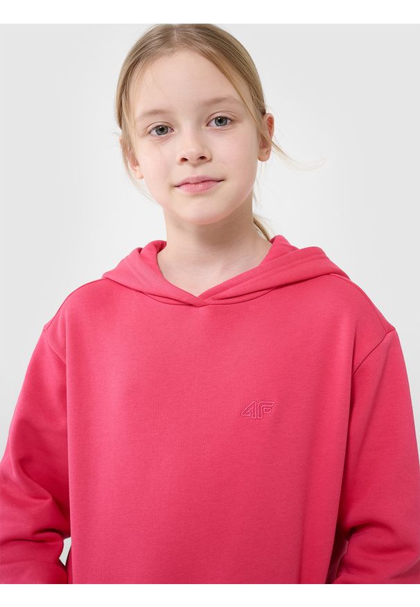 4f - 4F Bluza dresowa nierozpinana z kapturem dziewczęca - różowa 128 (7-8 lat). Okazja: na co dzień. Typ kołnierza: kaptur. Kolor: różowy. Materiał: dresówka. Wzór: gładki, ze splotem. Sezon: lato. Styl: sportowy, casual