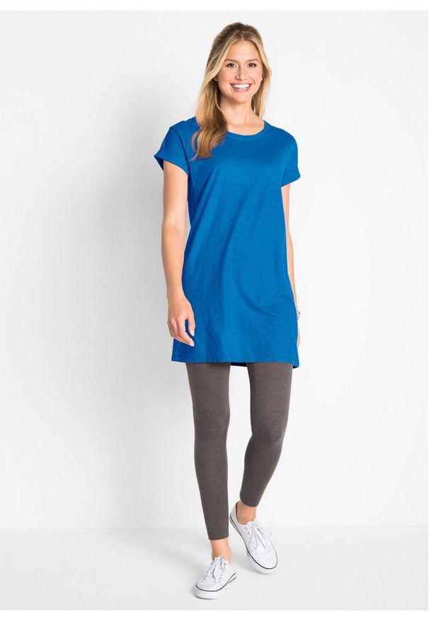 bonprix - Długi T-shirt z czystej bawełny. Kolor: niebieski. Materiał: bawełna. Długość rękawa: krótki rękaw. Długość: długie