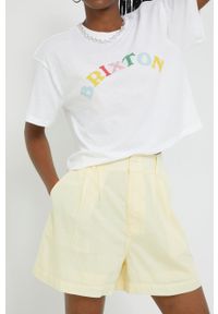 Tommy Jeans szorty damskie kolor żółty gładkie high waist. Stan: podwyższony. Kolor: żółty. Materiał: włókno. Wzór: gładki