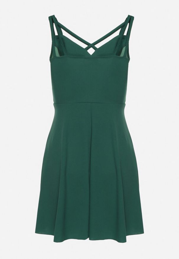 Born2be - Zielona Rozkloszowana Sukienka z Ozdobnymi Paskami Redaina. Kolor: zielony. Długość rękawa: na ramiączkach. Styl: elegancki