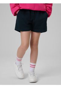4f - 4F Spodenki dresowe dziewczęce - granatowe 152 (11-12 lat). Kolor: niebieski. Materiał: dresówka. Długość: krótkie. Wzór: gładki, ze splotem. Sezon: lato #2