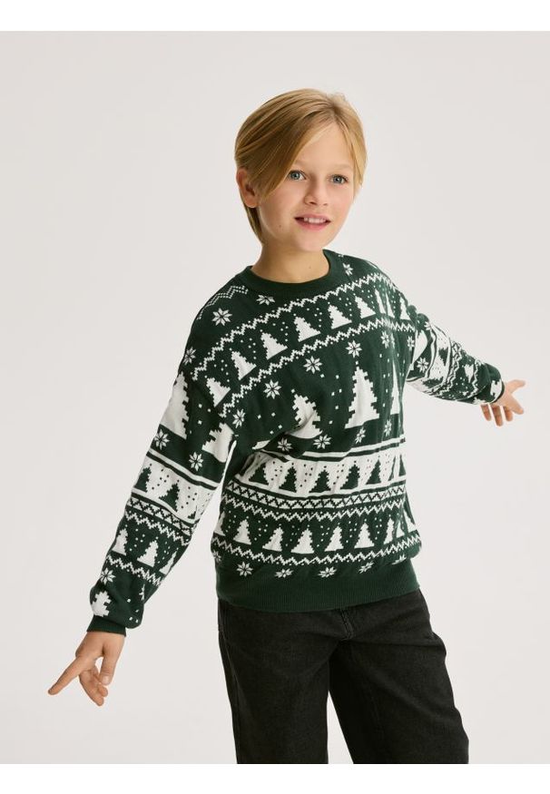 Reserved - Sweter ze wzorem - zielony. Kolor: zielony. Materiał: dzianina, bawełna