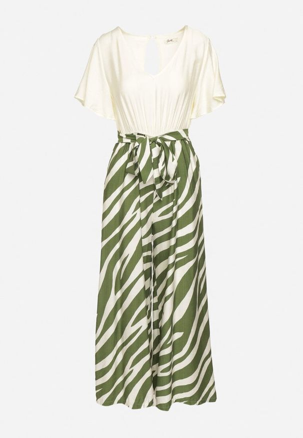 Born2be - Zielono-Beżowy Taliowany Kombinezon z Szerokimi Nogawkami i Paskiem w Talii Nellma. Okazja: na co dzień. Kolor: zielony. Materiał: wiskoza. Długość rękawa: krótki rękaw. Długość: krótkie. Styl: casual, elegancki