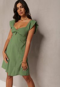 Renee - Ciemnozielona Rozkloszowana Bawełniana Sukienka Mini z Krótkim Rękawem i Wycięciem pod Biustem Tremael. Kolor: zielony. Materiał: bawełna. Długość rękawa: krótki rękaw. Długość: mini #1