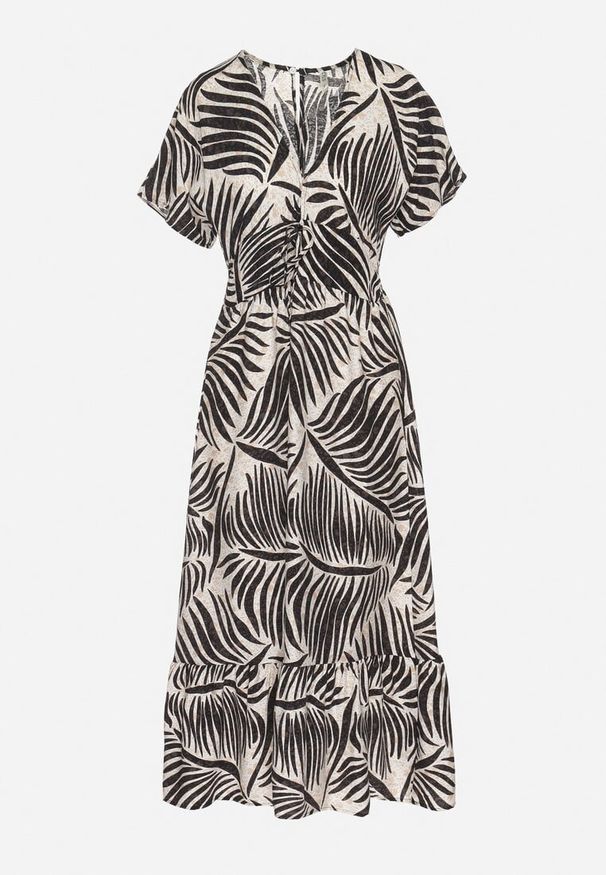 Born2be - Czarna Sukienka Wiskozowa Rozkloszowana w Liściasty Print Draledia. Typ kołnierza: dekolt w serek. Kolor: czarny. Materiał: wiskoza. Długość rękawa: krótki rękaw. Wzór: nadruk. Typ sukienki: rozkloszowane