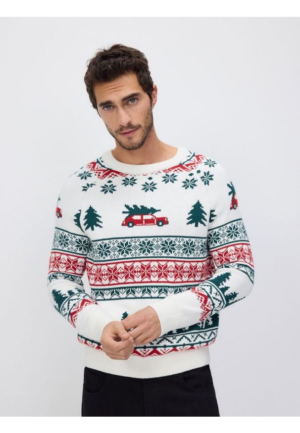 Reserved - Sweter ze świątecznym wzorem - złamana biel. Materiał: dzianina, bawełna. Styl: wizytowy