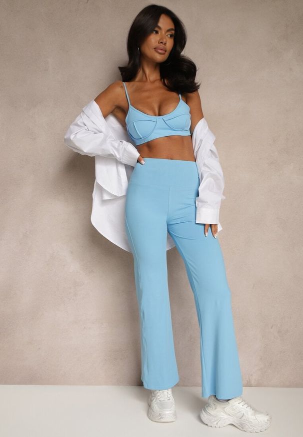 Renee - Niebieskie Legginsy High Waist z Szeroką Gumką w Pasie Idalania. Okazja: na co dzień. Stan: podwyższony. Kolor: niebieski. Styl: casual, elegancki