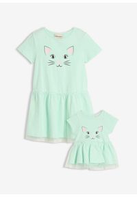bonprix - Sukienka dziewczęca+sukienka dla lalki (2 części) z czystej bawełny organicznej. Kolor: zielony. Materiał: bawełna. Długość rękawa: krótki rękaw. Wzór: nadruk. Sezon: lato #1
