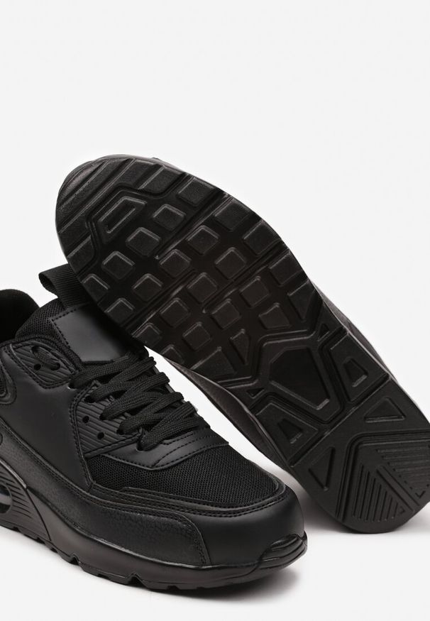 Renee - Czarne Sneakersy z Ekoskóry ze Sznurowaniami i Podeszwą Typu Air Walana. Nosek buta: okrągły. Zapięcie: sznurówki. Kolor: czarny. Materiał: materiał. Obcas: na obcasie. Wysokość obcasa: niski