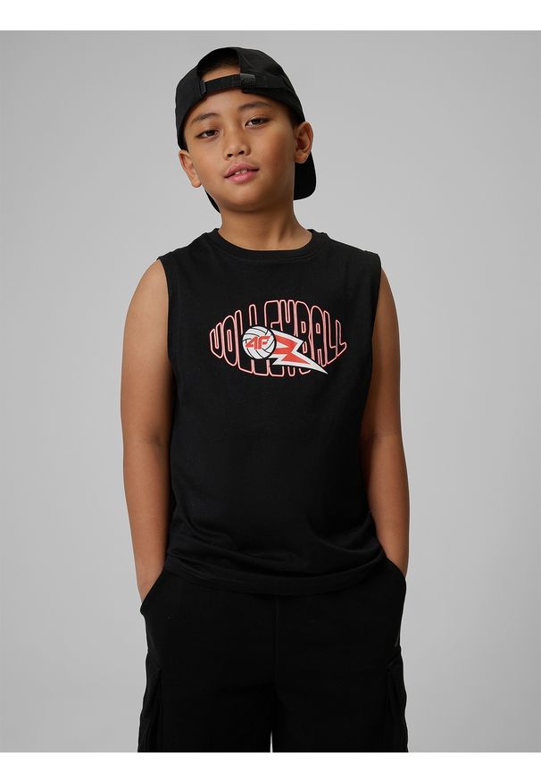 4f - 4F Koszulka bez rękawów loose z nadrukiem chłopięca - czarna 128 (7-8 lat). Kolor: czarny. Materiał: dzianina, bawełna, materiał. Długość rękawa: bez rękawów. Wzór: nadruk. Sezon: lato