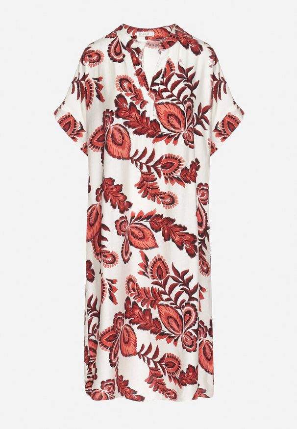 Born2be - Bordowa Sukienka z Wiskozą i Lnem Pudełkowa z Kieszeniami w Kwiatowy Wzór Boho Natundelia. Okazja: na co dzień. Kolor: czerwony. Materiał: wiskoza, len. Wzór: kwiaty. Styl: boho