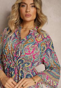 Renee - Różowo-Granatowa Rozkloszowana Sukienka w Stylu Boho z Gumką w Pasie i Guzikami Rasteria. Kolor: różowy. Materiał: tkanina. Sezon: lato. Styl: boho #3