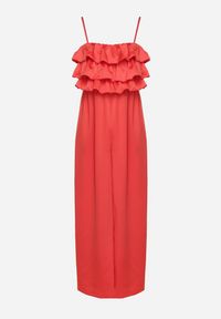 Born2be - Czerwony Kombinezon Koktajlowy na Regulowanych Ramiączkach z Falbankami i Gumką w Pasie Tesvia. Okazja: na co dzień. Kolor: czerwony. Długość rękawa: na ramiączkach. Styl: wizytowy #4