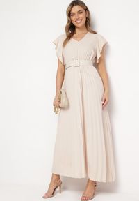 Born2be - Beżowa Plisowana Sukienka Maxi Rozkloszowana z Luźnymi Rękawkami Serahpine. Okazja: na co dzień, na spacer, na imprezę. Kolor: beżowy. Długość rękawa: krótki rękaw. Typ sukienki: proste. Styl: casual. Długość: maxi #3