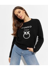 Pinko - PINKO - Czarny wełniany sweter Burgos Maglia. Kolor: czarny. Materiał: wełna. Długość rękawa: długi rękaw. Długość: długie. Styl: klasyczny