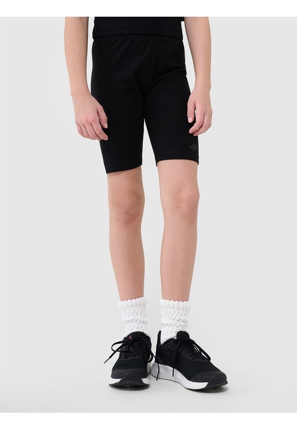 4f - 4F Legginsy kolarki dzianinowe dziewczęce - czarne 158 (12-13 lat). Okazja: na co dzień. Stan: podwyższony. Kolor: czarny. Materiał: dzianina. Długość: krótkie. Wzór: ze splotem, gładki, jednolity. Sezon: lato. Styl: casual, sportowy