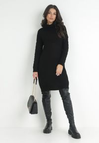 Born2be - Czarna Sukienka Dzianinowa Elisson. Kolor: czarny. Materiał: dzianina. Wzór: aplikacja, ze splotem #4