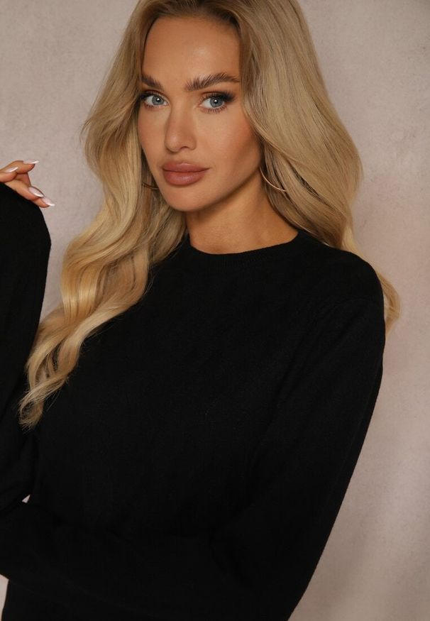 Renee - Czarny Sweter o Delikatnym Wzorze o Klasycznym Kroju Merissas. Okazja: do pracy, na spotkanie biznesowe. Kolor: czarny. Styl: klasyczny