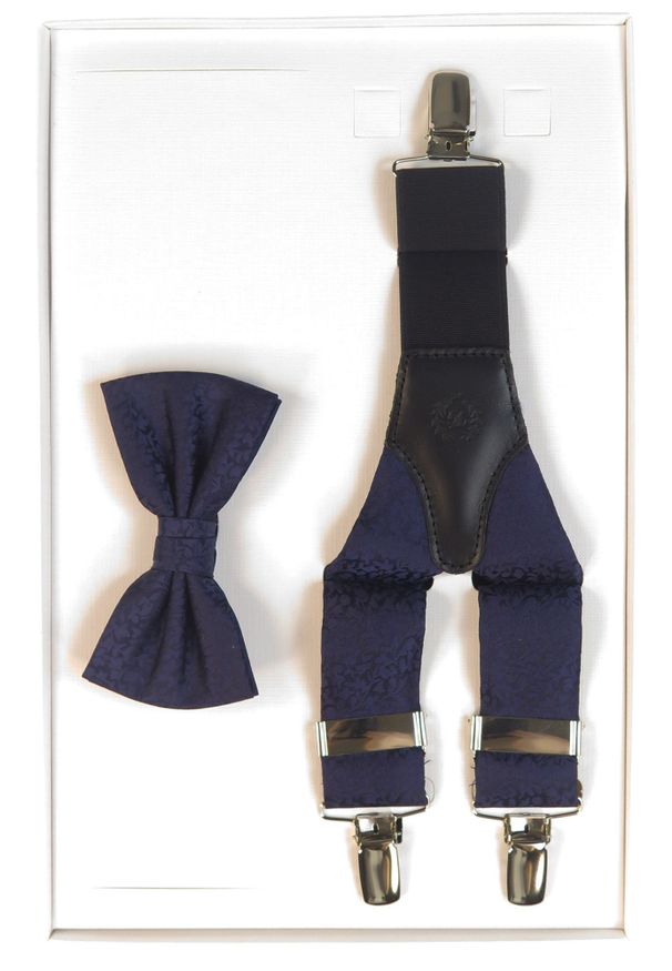 Modini - Granatowo-czarny zestaw w kwiatki - muszka i szelki Z12. Kolor: czarny, wielokolorowy, niebieski. Wzór: kwiaty