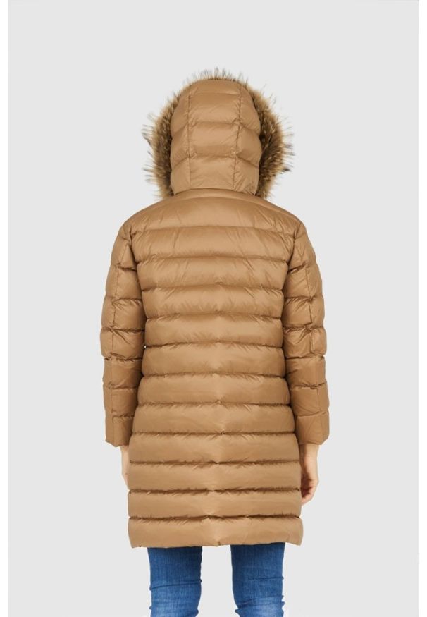 Blauer USA - BLAUER Brązowa kurtka puchowa damska z odpinanym futrem jenota, Rozmiar XS. Kolor: brązowy. Materiał: futro, puch