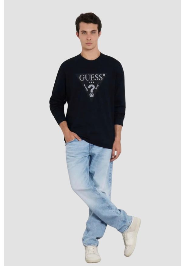 Guess - GUESS Granatowy męski longsleeve Ls Cn, Rozmiar XL. Kolor: niebieski. Materiał: bawełna. Długość rękawa: długi rękaw. Długość: długie
