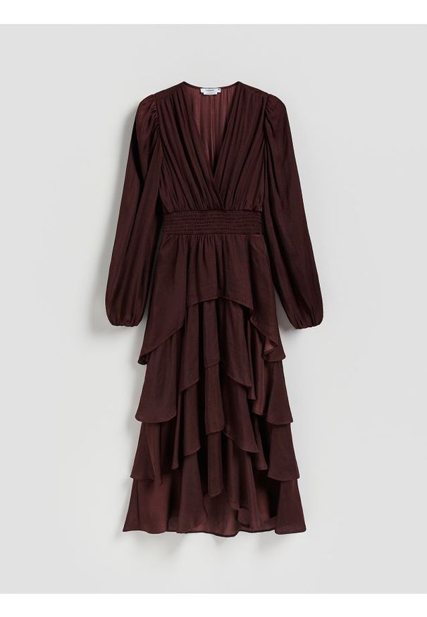 Reserved - Sukienka maxi w groszki - bordowy. Kolor: czerwony. Materiał: tkanina. Wzór: grochy. Długość: maxi