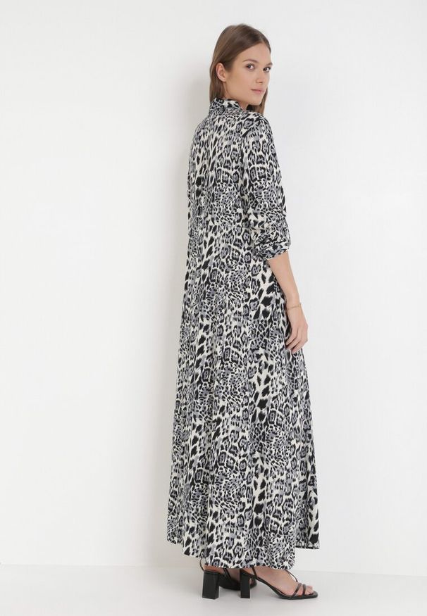 Born2be - Szaro-Granatowa Sukienka Adolia. Kolor: szary. Długość rękawa: długi rękaw. Wzór: motyw zwierzęcy. Typ sukienki: koszulowe. Długość: maxi