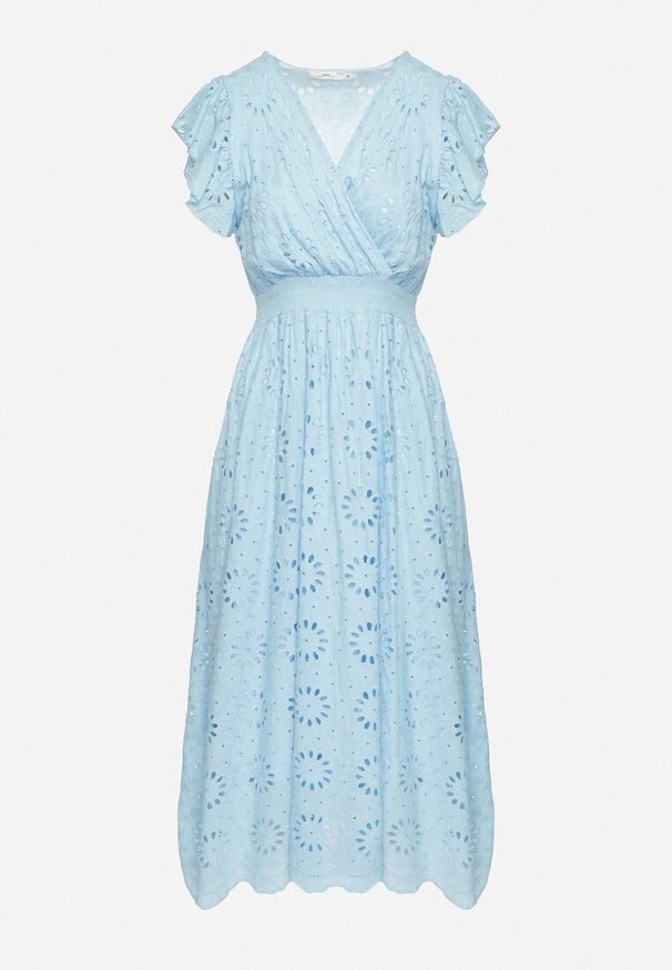 Born2be - Niebieska Ażurowa Sukienka z Kopertowym Dekoltem i Bufiastymi Rękawami Ldivane. Okazja: na co dzień, na imprezę. Kolor: niebieski. Wzór: ażurowy. Sezon: lato. Typ sukienki: kopertowe. Styl: casual