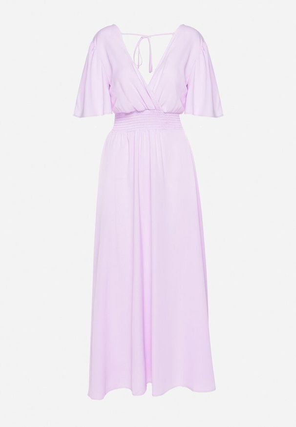 Born2be - Jasnofioletowa Sukienka z Rozkloszowanymi Rękawami Gumką w Pasie i Wiązaniem na Plecach Larielle. Okazja: na imprezę, na co dzień. Typ kołnierza: dekolt w kształcie V. Kolor: fioletowy. Materiał: bawełna. Typ sukienki: proste. Styl: casual, elegancki