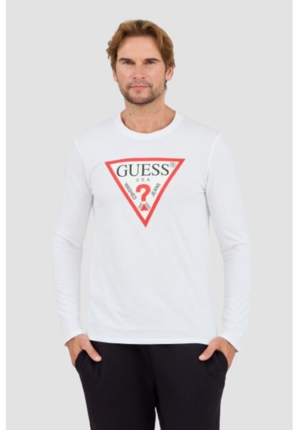 Guess - GUESS Biały męski longsleeve Original Logo Tee, Rozmiar L. Kolor: biały. Długość rękawa: długi rękaw